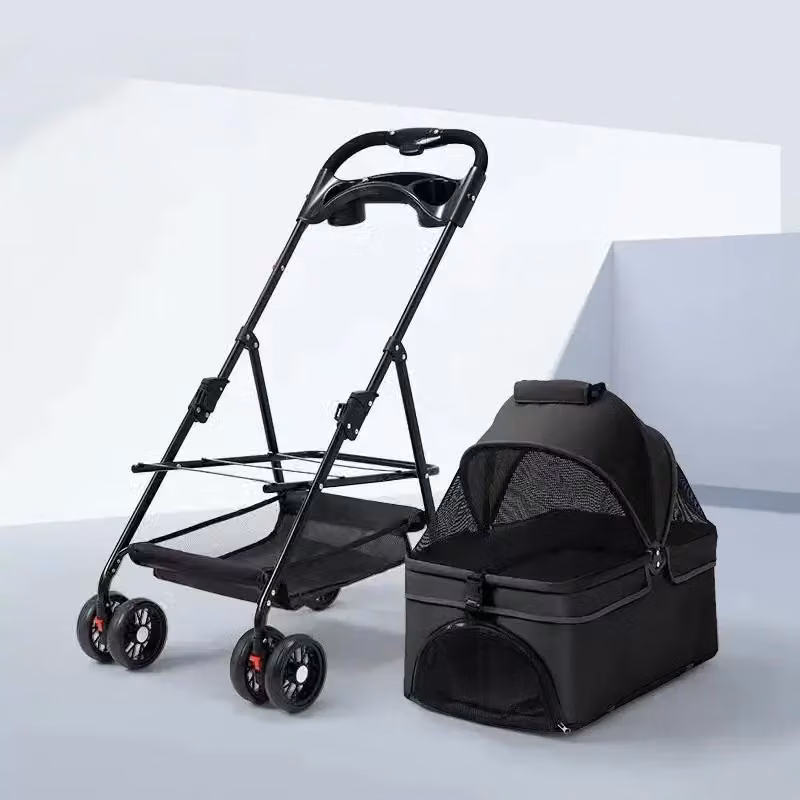 Carrello pieghevole per animali domestici - adatto a cani e gatti - dimensioni 72 x 50 x 95 cm - portabibite - cesto portaoggetti - freno - struttura in acciaio - colore nero
