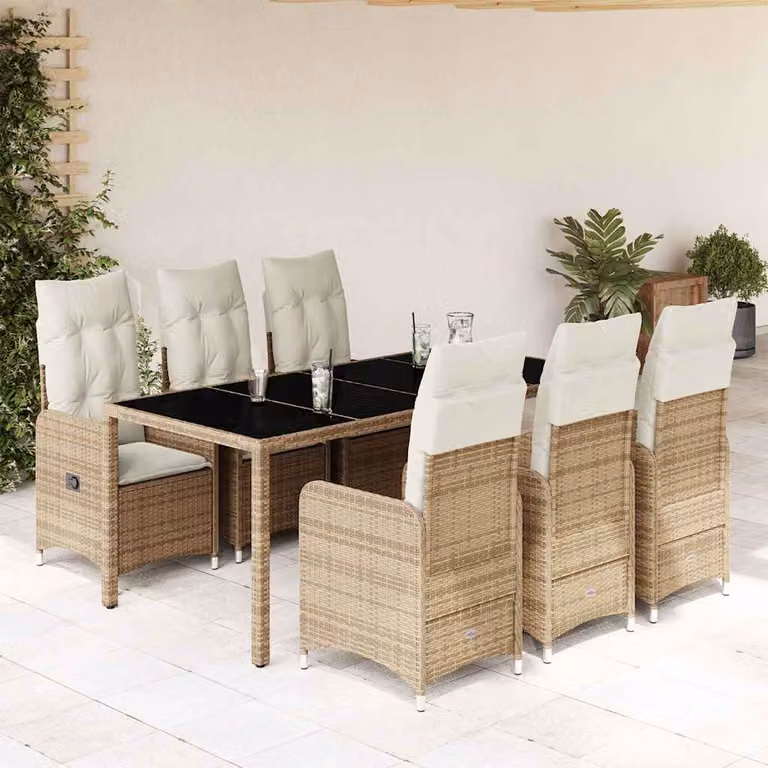 Set da Bistrò da Giardino vidaXL 7 pz in Polyrattan con Cuscini Beige e Piano in Vetro