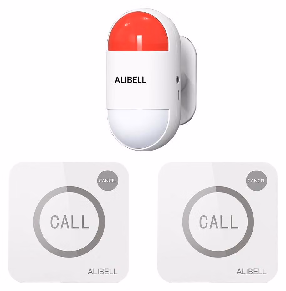 Sistema di allarme da 120 dB con sirena e 2 pulsanti di emergenza, colore bianco