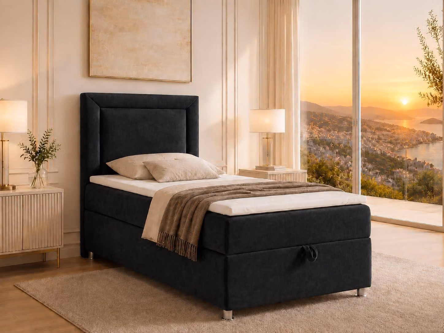 Best for Home Letto boxspring con contenitore Trinity K3-SINGLE 100x200 Materasso a molle Bonell incl. topper - Nero