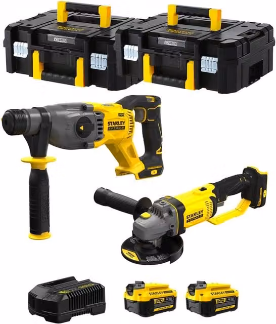 Kit Stanley FatMax V20 SVK203 Nero con SFMCH900, SFMCG400, 2 batterie da 4,0 Ah, caricabatteria e 2 contenitori TSTAK II