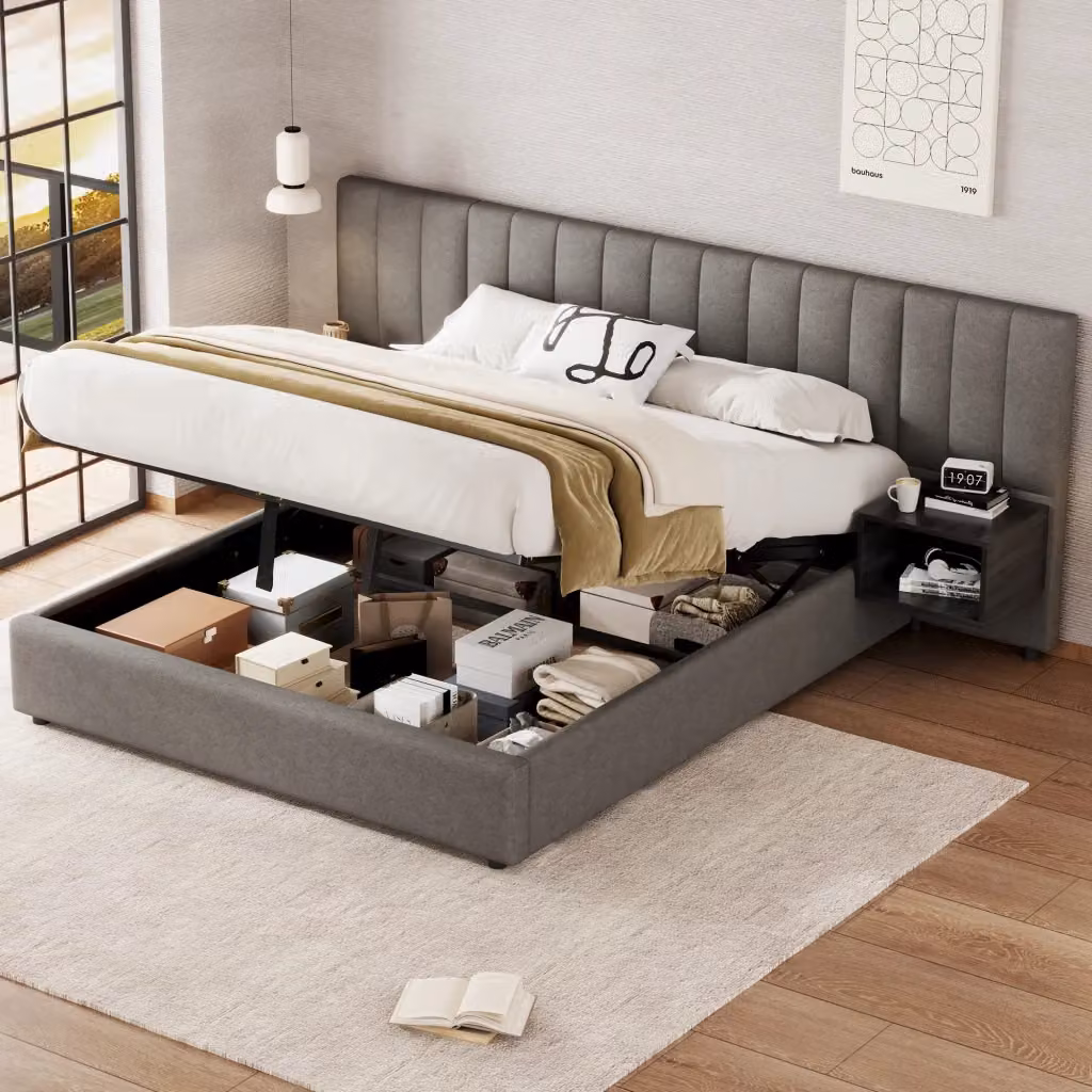 Letto contenitore MIVRAY con due comodini, rivestito in lino grigio e nero, con rete a doghe in legno, L/P: 160 x 200 cm – 2