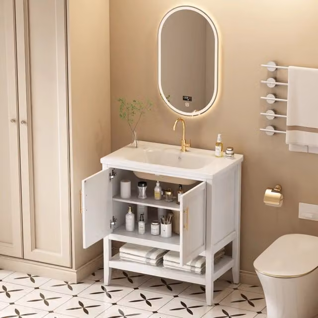 Mobile sottolavabo a pavimento bianco con lavabo in ceramica