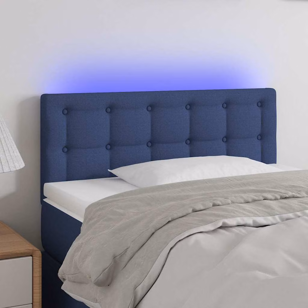 Testiera per letto vidaXL in tessuto blu con illuminazione LED integrata e porta di ricarica USB, L: 90 cm, P: 5 cm, H: 78-88 cm