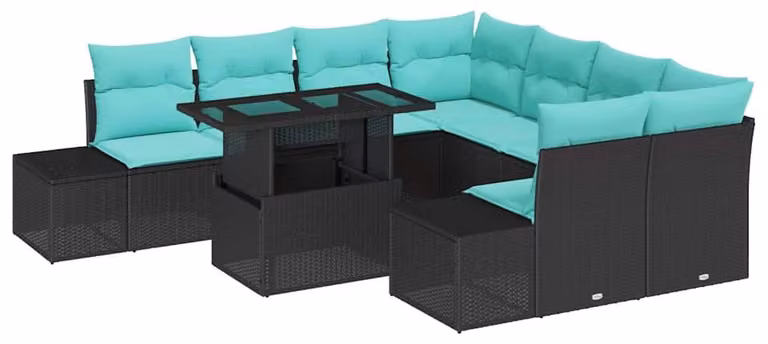 Set da giardino composto da 9 pezzi, colore nero, realizzato in rattan sintetico