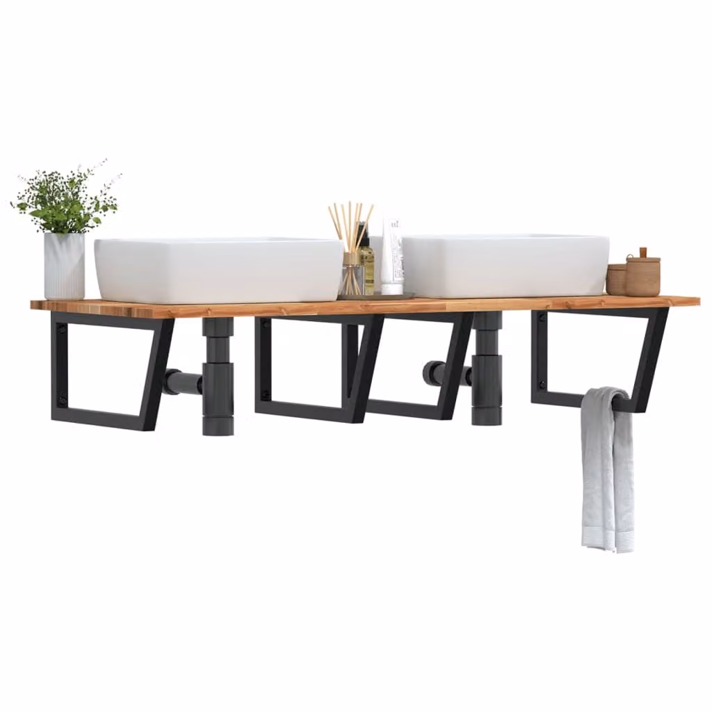 vidaXL Ripiano a Parete per Lavabo in Acciaio e Legno di Acacia Oliato, Nero e Marrone, L: 120 cm