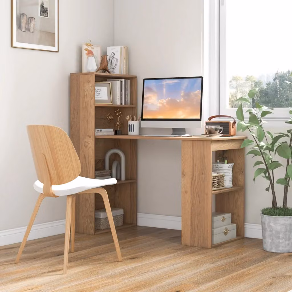 Scrivania per computer moderna con libreria integrata e 6 ripiani, colore beige e marrone, L: 122 cm – 2