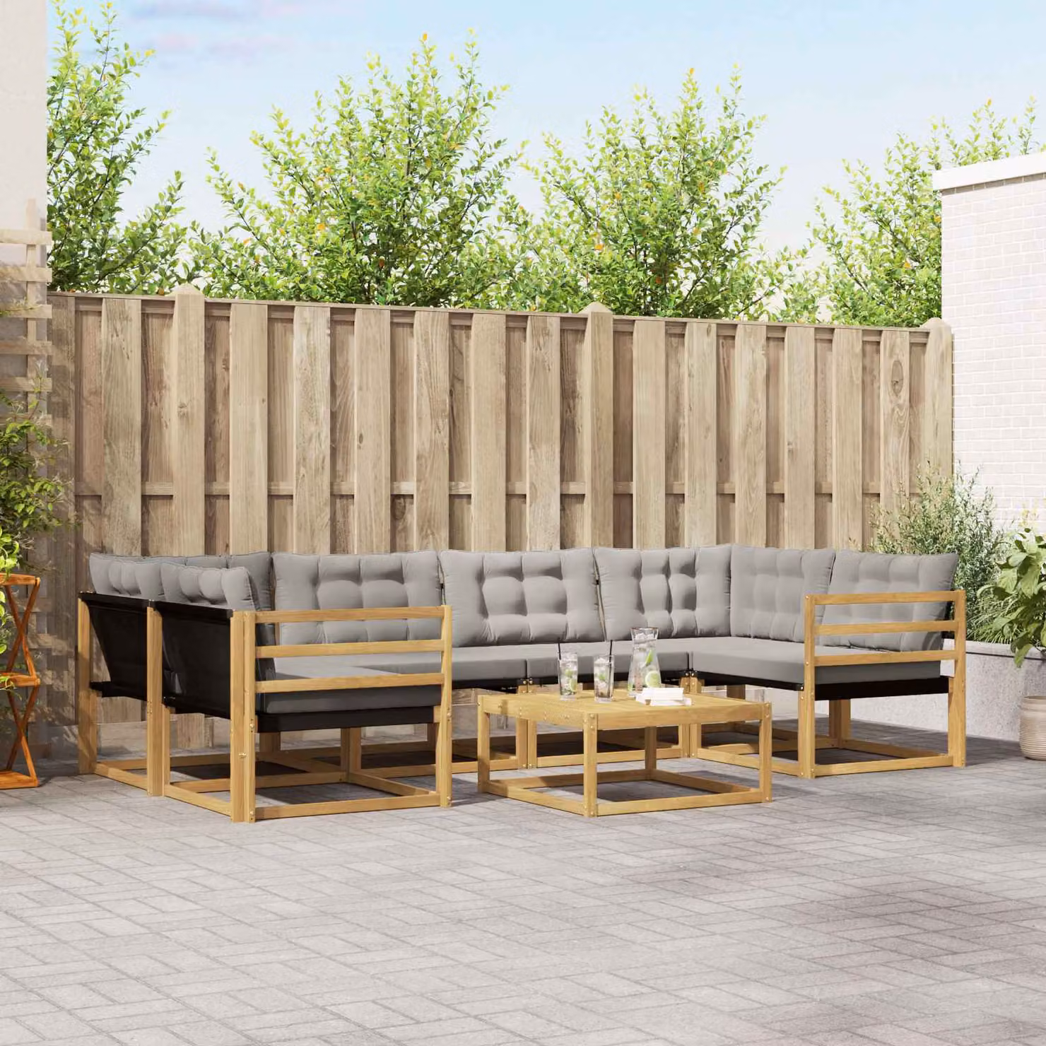 vidaXL Set di divani da esterno 7 pz in legno di acacia con tessuto textilene, Bianco e Grigio