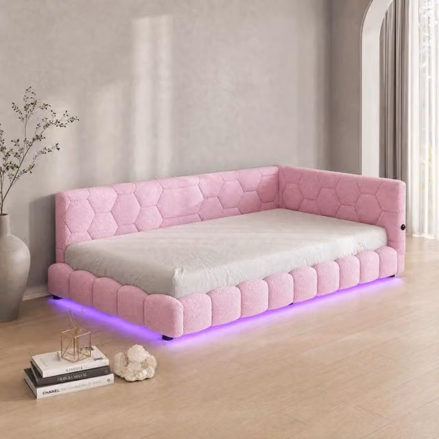 Divano letto 90x200 cm rosa con LED 16 colori, USB e Type-C