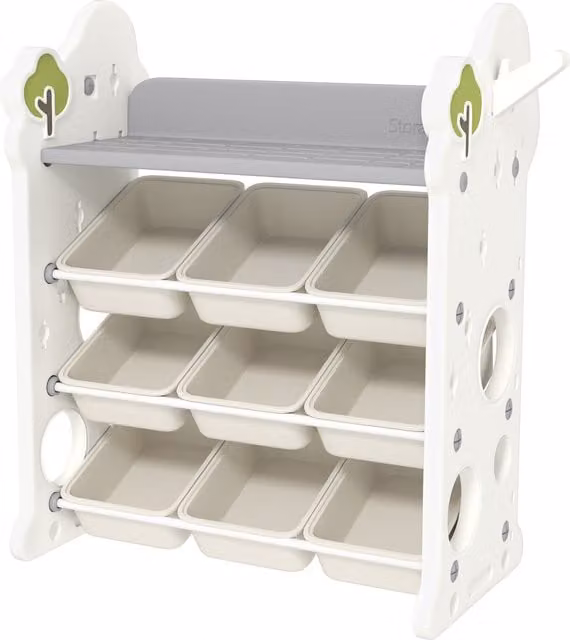 Scaffale Portagiochi AIYAPLAY a 4 Livelli con 9 Contenitori e Gancio Laterale, Bianco Crema, L 77 cm x P 42 cm x H 94 cm