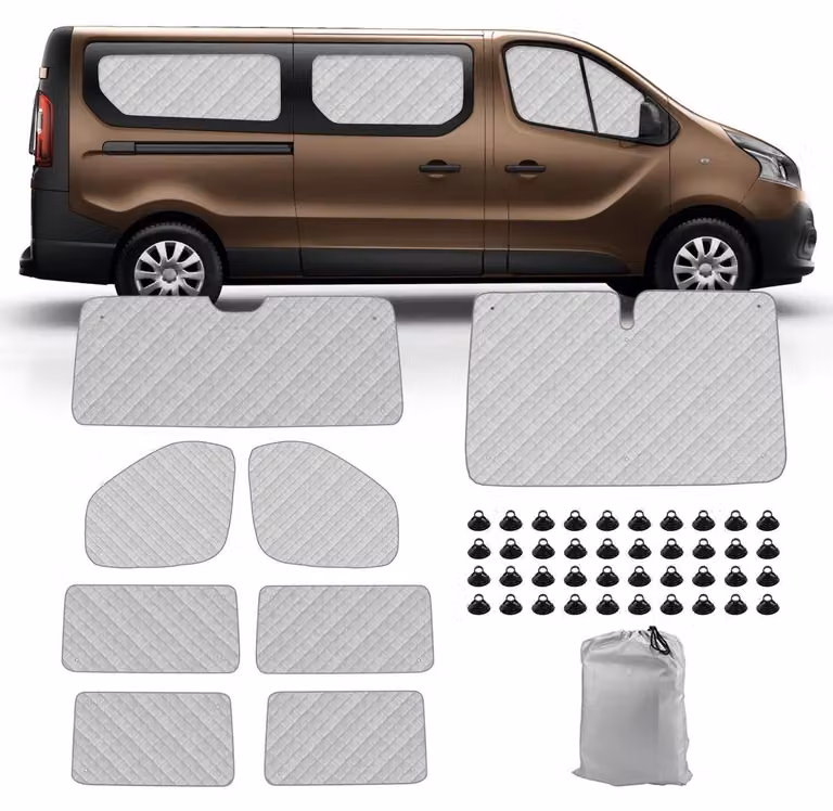 8 tappetini termici per Renault Trafic (lunghezza maggiore) dal 2015 al 2024, Vivaro dal 2014 al 2018, NV300 dal 2014 al 2021, Talento dal 2016 al 2020, parasole per parabrezza, realizzato in lamina di alluminio, pieghevole