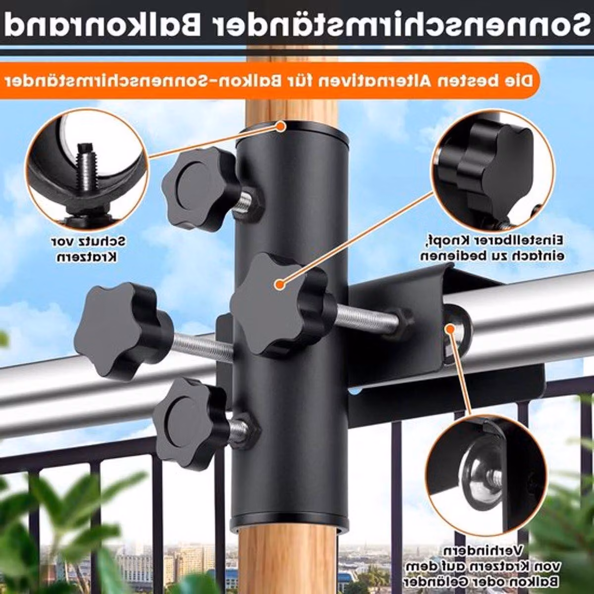 Supporto regolabile in metallo per ombrelloni, ideale per balconi, terrazze o tavoli. Robusto portaombrello per tubi di diametro da 23 a 38 mm, perfetto per l'uso all'aperto
