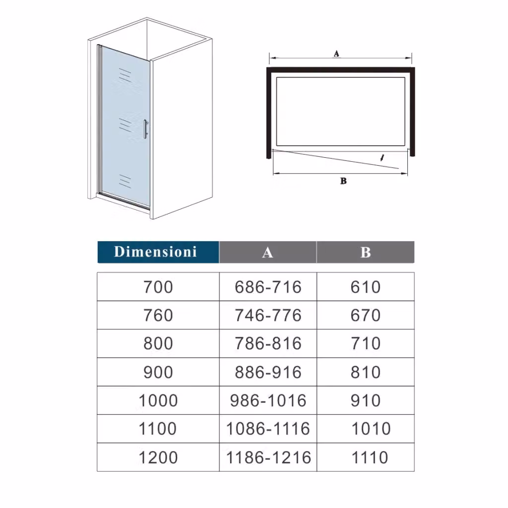 Porta Doccia Battente Aica Italy in Vetro Temperato Satinato con Trattamento Anticalcare L: 70 cm, H: 195 cm, Spessore: 6 mm – 2