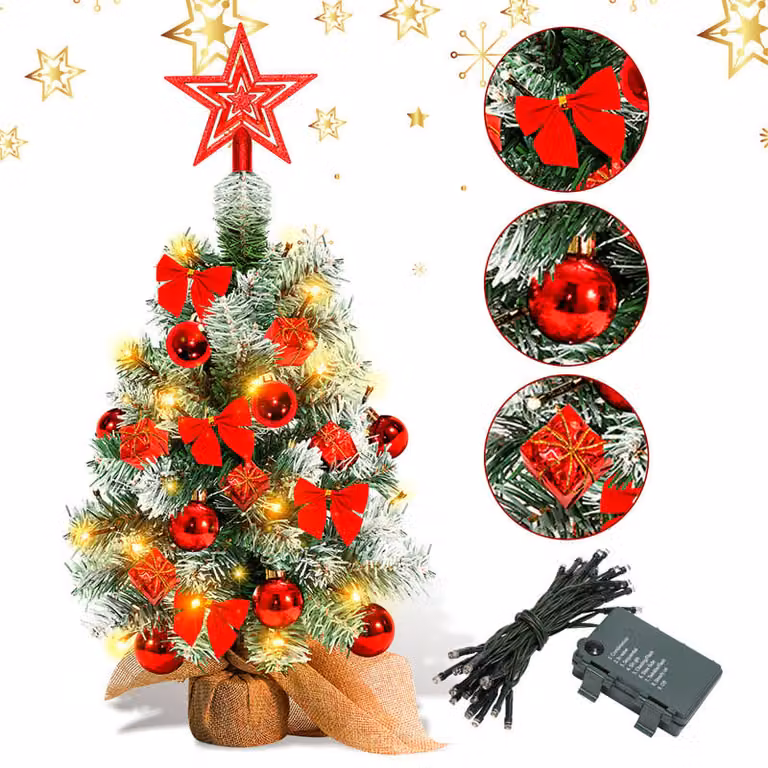 Clanmacy Albero di Natale artificiale a LED Abete 40 cm Albero di Natale illuminato Decorazione natalizia Albero decorativo di luci, rosso