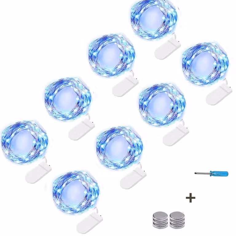 Catena luminosa a LED, set da 8, lunghezza 3 metri, 30 LED, colore blu, alimentazione a batteria