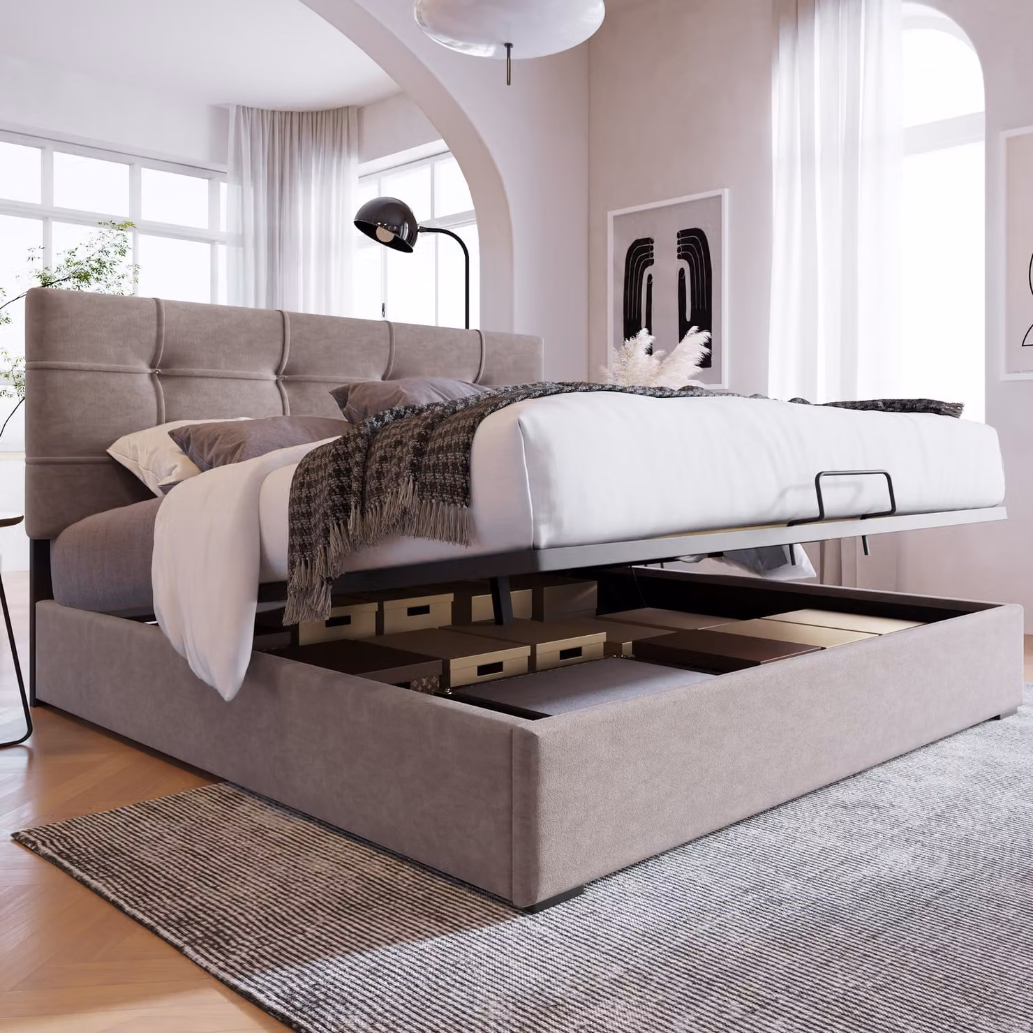 Letto Merax a molle idrauliche 140x200cm letto imbottito con rete e testiera regolabile, rete a doghe in metallo, letto matrimoniale in legno di pino letto funzionale in velluto, grigio chiaro