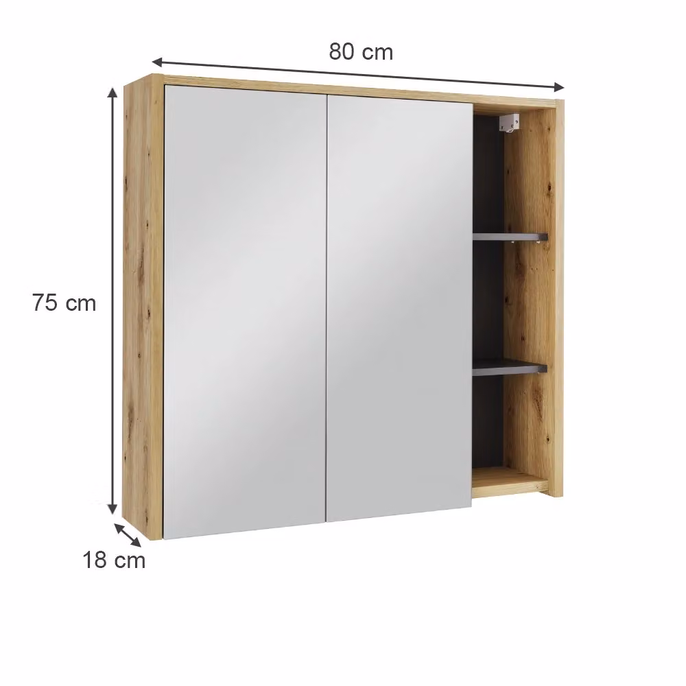 Mobile a specchio per bagno Vicco moderno in legno e vetro con ripiani interni e ante a battente, L: 80 cm, H: 75 cm, Colore Grigio e Rovere – 2