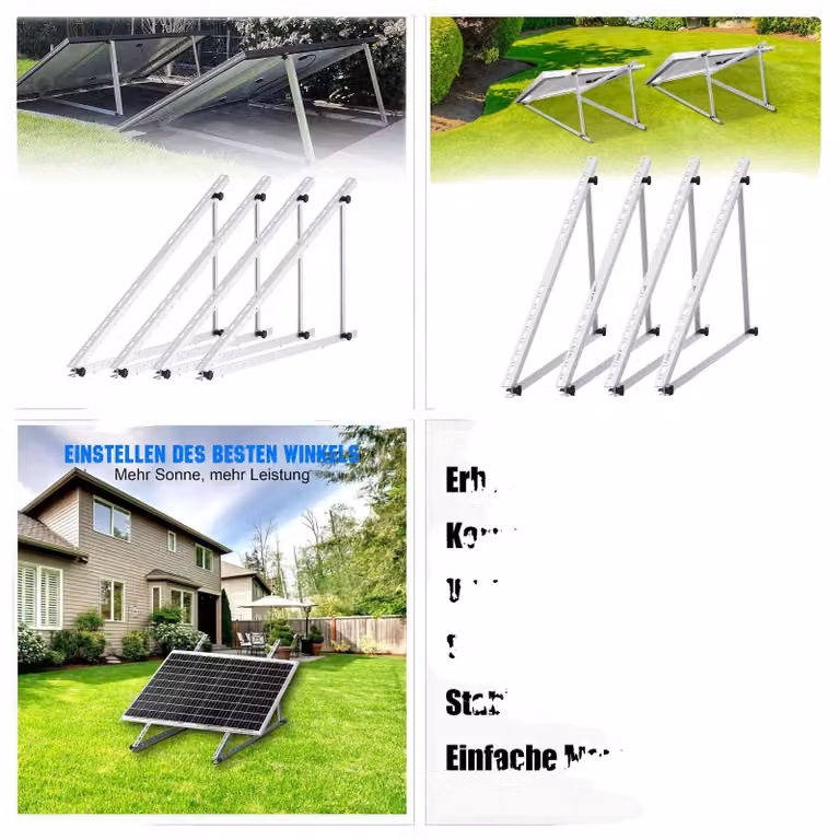 Sistema di montaggio fotovoltaico, realizzato in alluminio, con lunghezza delle gambe lunghe di 1180 mm e gambe corte di 545 mm, angolo regolabile da 0° a 90°, compatibile con pannelli solari