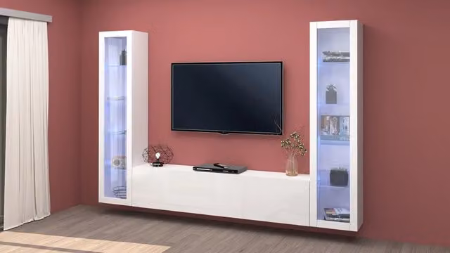 Parete attrezzata sospesa bianca lucida con 2 vetrine per soggiorno e mobile TV Liv WH Shopinnotivo – 1