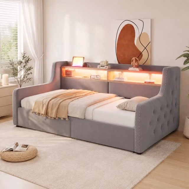 Divano letto REDOM in velluto grigio con vano contenitore, illuminazione LED e ricarica USB, L/P/H: 90 x 200 cm – 1
