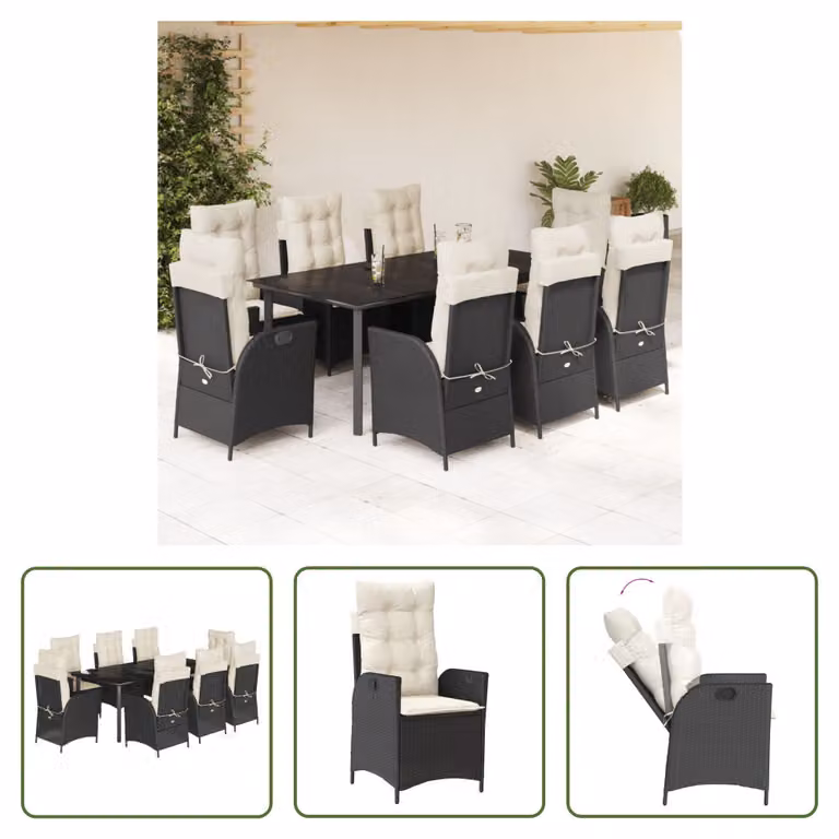 The Living Store Set da pranzo da giardino 9 pezzi con cuscini in polirattan nero