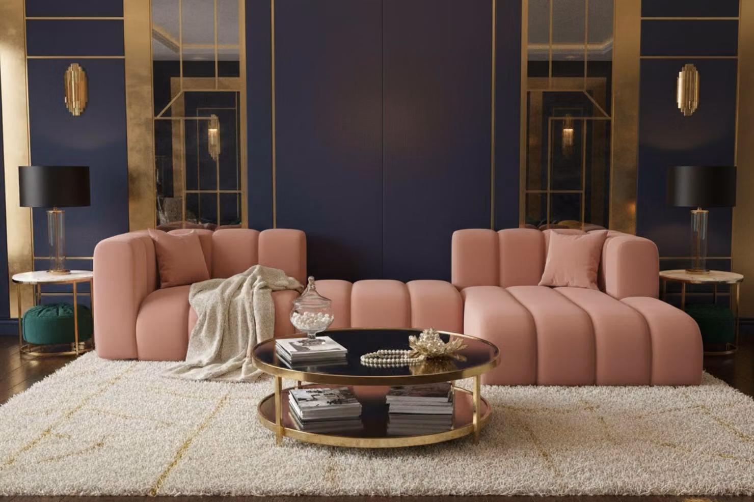 Divano angolare Kaiser Möbel a forma di L Grand L 319 cm, tessuto velluto Salvador, rosa, destro