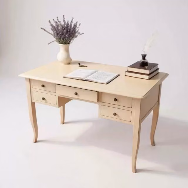 Scrivania in legno di pino stile arte povera con 5 cassetti color avorio Mobili 2G L: 105 cm, P: 56 cm, H: 81 cm – 3