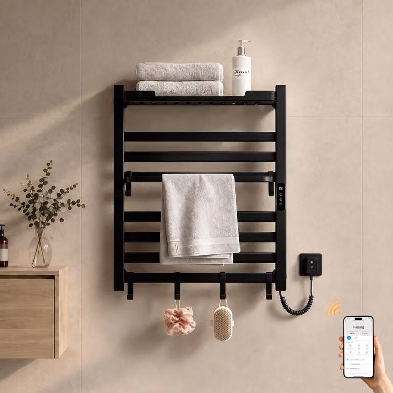 S'AFIELINA Scaldasalviette elettrico bagno con ripiano 700 × 600 mm 233 W Nero,Termoarredo elettrico bagno WiFi con app