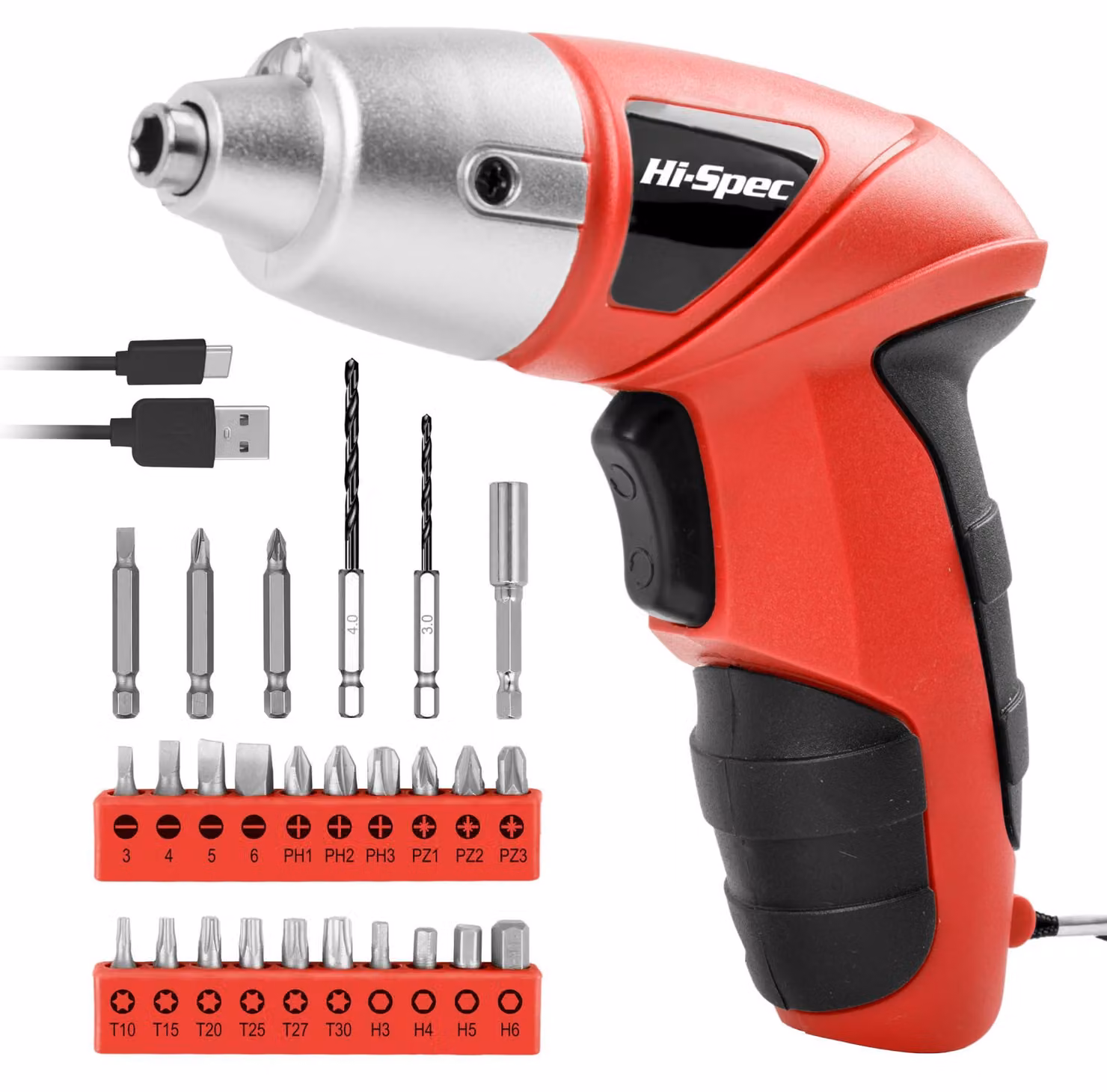 Set di avvitatori elettrici da 3,6V, 27 pezzi, con alimentazione USB, colore rosso