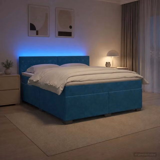 Letto con Box Spring e Materasso Ibrido vidaXL in Velluto Blu e Bianco con Illuminazione LED e Porte USB L/P/H: 140 x 190 x 88 cm