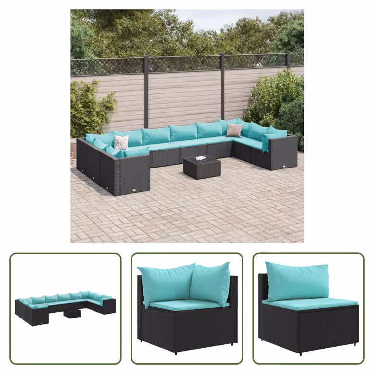 The Living Store Set da salotto da giardino da 11 pezzi con cuscini in rattan polivalente nero
