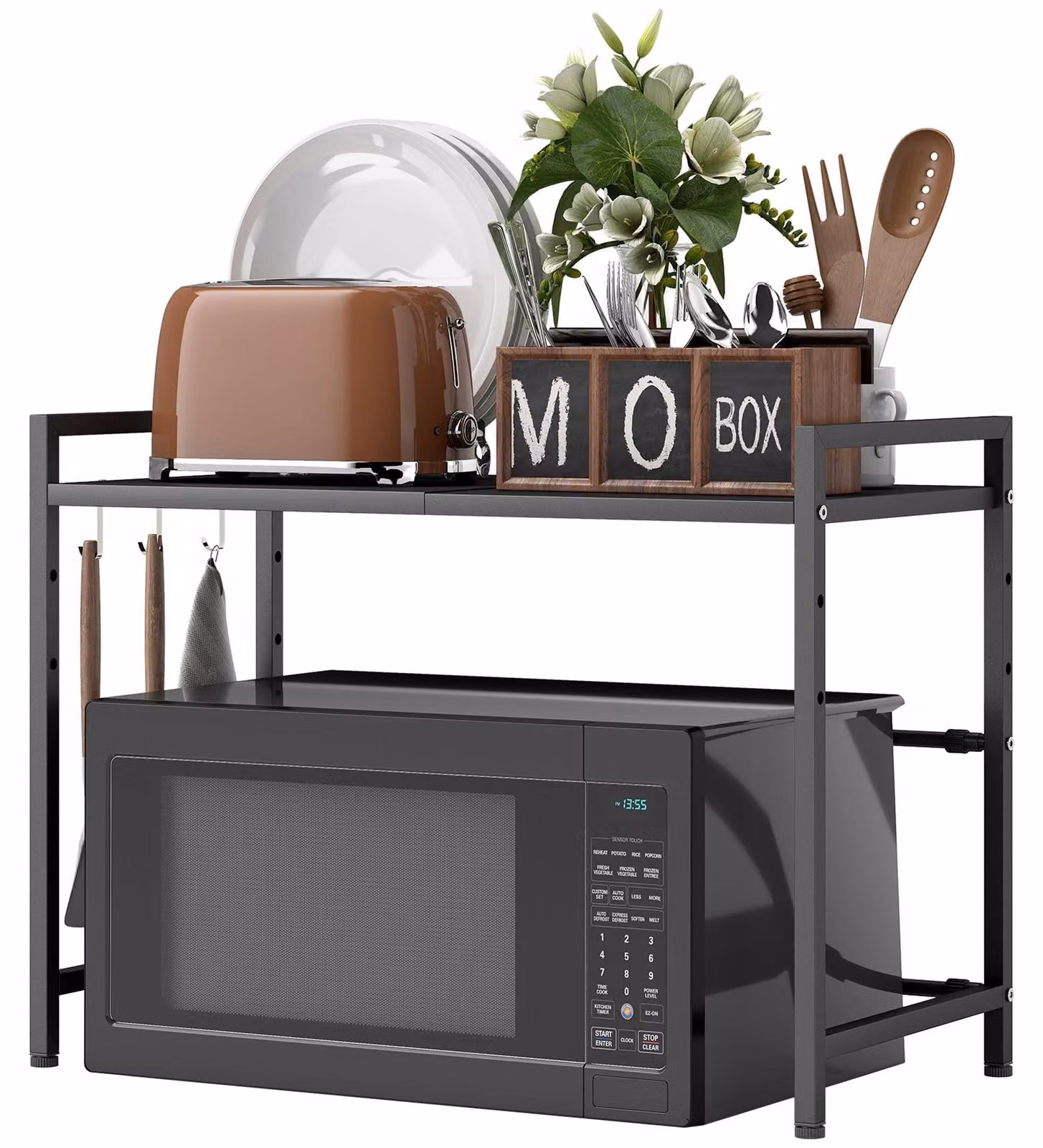 Ripiano estraibile per microonde, con 3 ganci | Colore: nero | Dimensioni: 39,5 x 32 x 47,5 cm