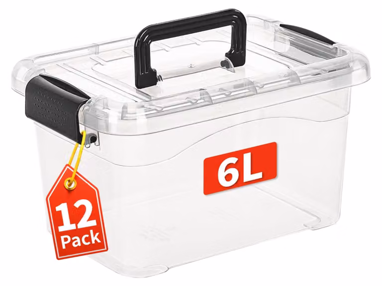 Contenitori impilabili - Soluzione di stoccaggio modulare - Plastica trasparente - 10 litri - Ideali per la casa e l'ufficio - Confezione da 12
