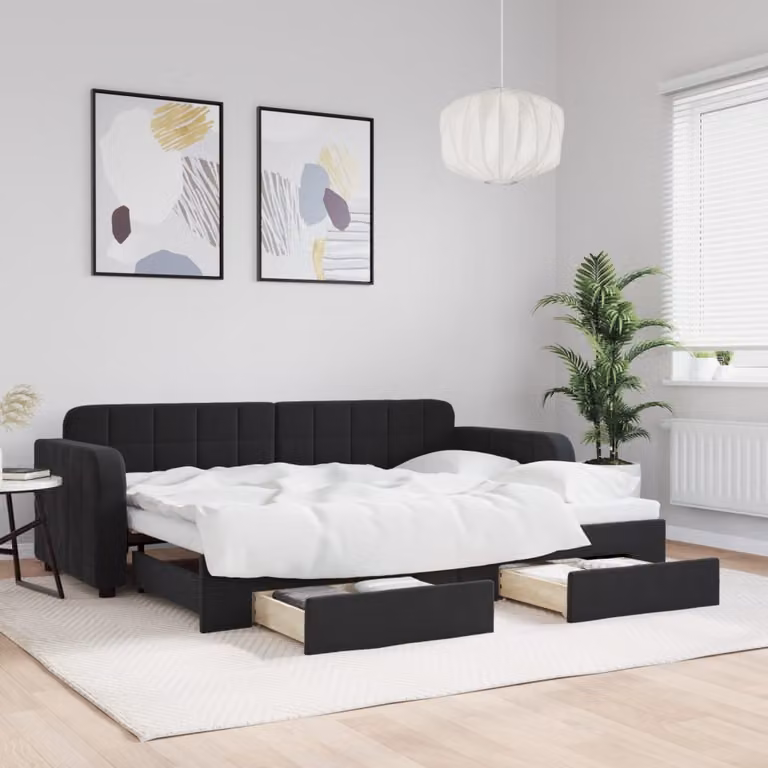vidaXL Divano Letto Estraibile con Cassetti in Velluto Nero L/P/H: 223 x 80 x 91 cm
