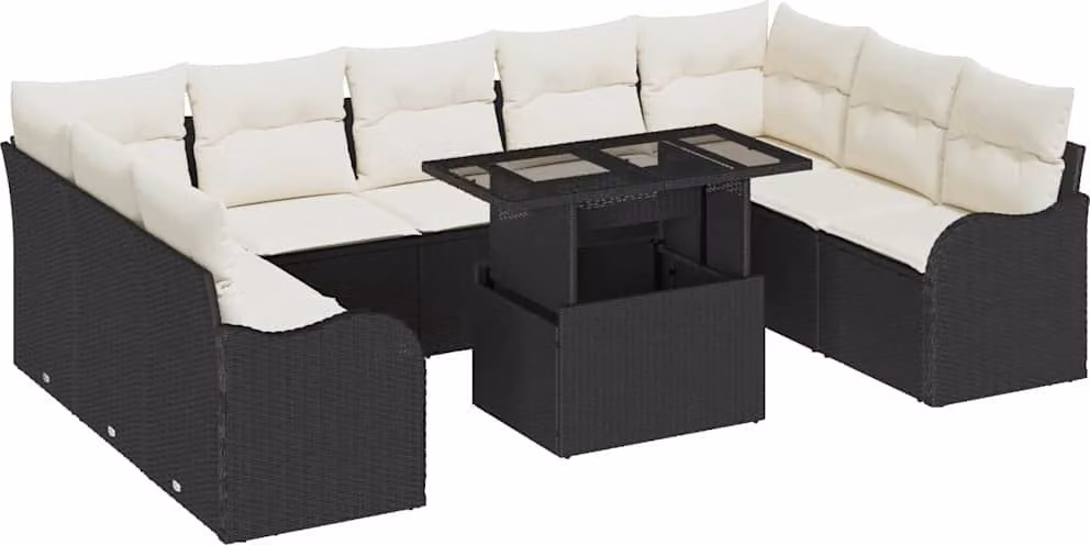 Set Divano da Giardino con cuscino 10 pcs Nero Poly Rattan