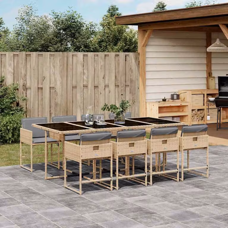 Set Pranzo da Giardino vidaXL in Polyrattan con Cuscini e Tavolo in Vetro, 9 Pezzi, Colore Beige Misto