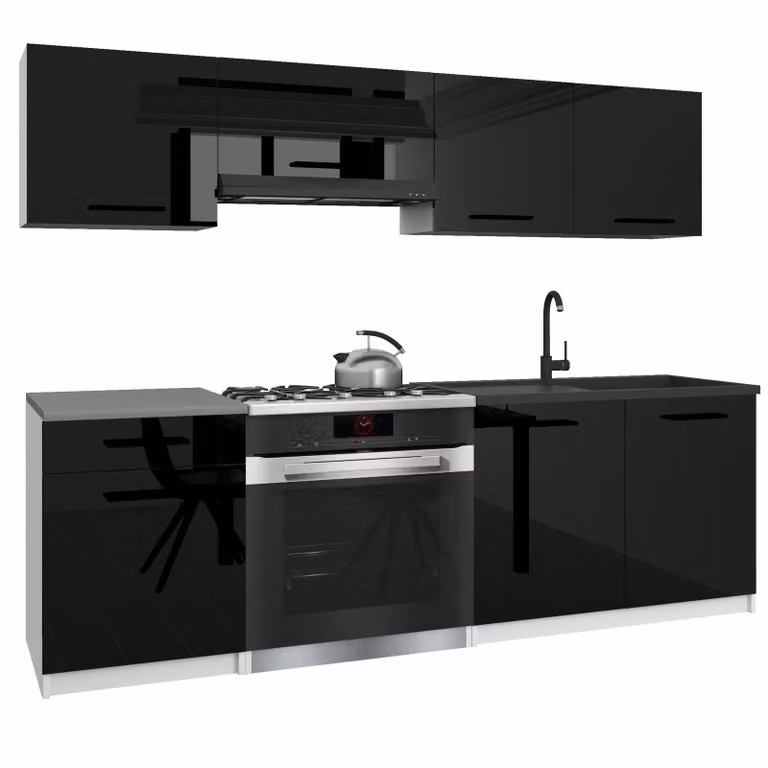 Belini - Angolo cottura moderno ITALIA 1 - Mobili da cucina 180 cm nero lucido - Cucina componibile con pensili, mobili base e piani di lavoro