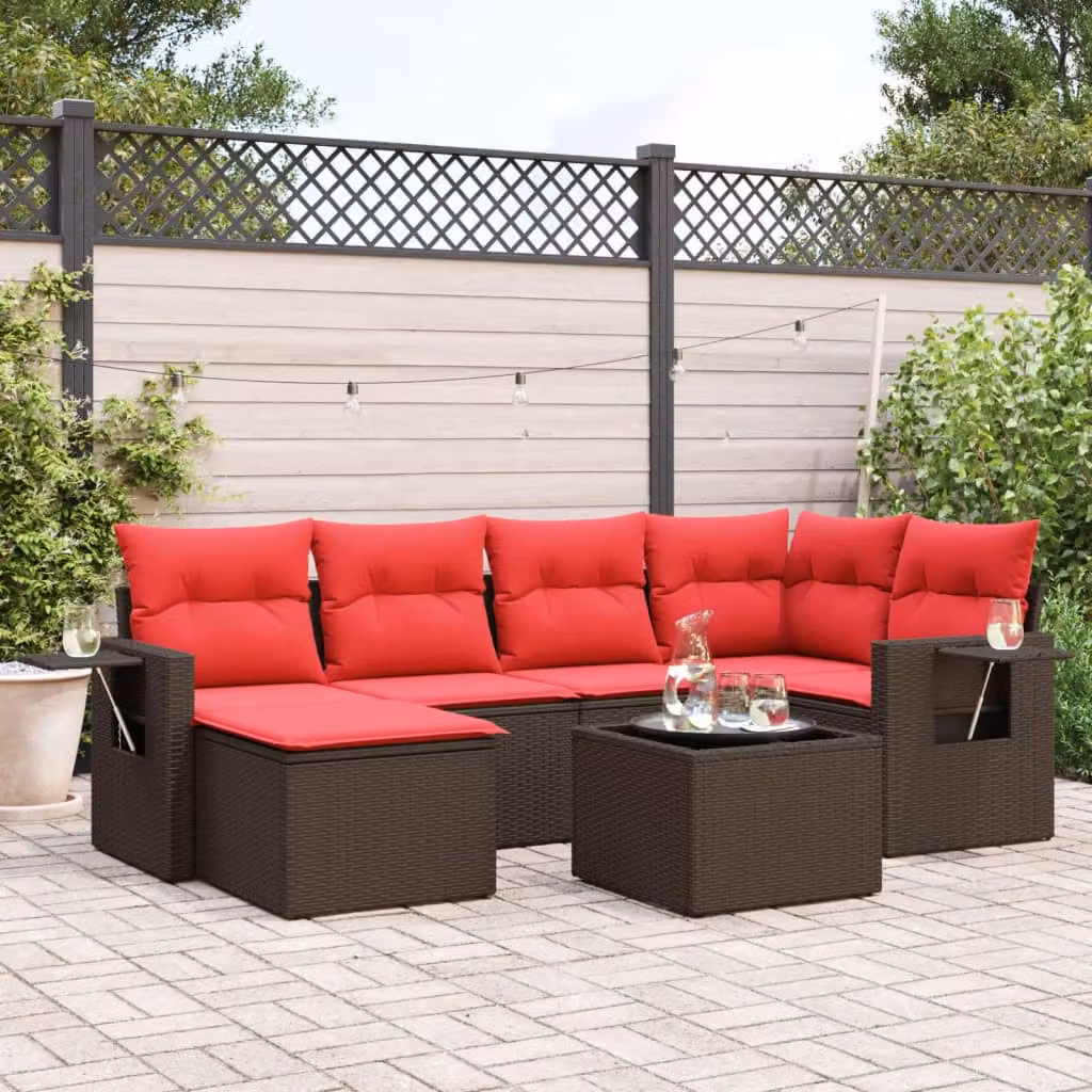 Set Divani da Giardino vidaXL 7 pz in Polyrattan Marrone con Cuscini e Tavolino da Esterno