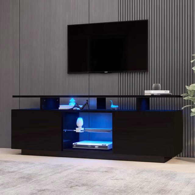 Mobile TV moderno WISHDOR nero con illuminazione LED integrata, L: 140 cm, P: 35 cm, H: 55 cm – 1