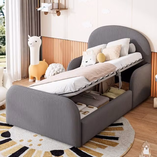 Letto imbottito per bambini 90x200 cm con contenitore idraulico, velluto, testiera alta, pediera e mancorrenti di sicurezza, Grigio