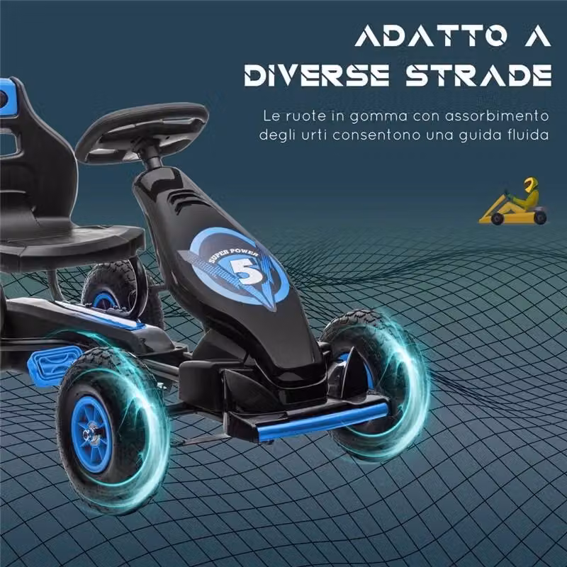 Go Kart a pedali per bambini con sedile regolabile e ruote gonfiabili blu e nero – 2