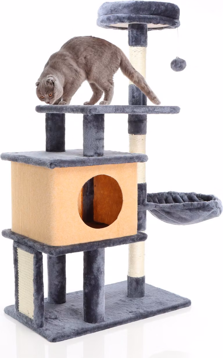 Tiragraffi Fudajo in grigio scuro alto 112 cm, tiragraffi per gatti con casetta per gatti, albero per gatti con mangiatoia e piattaforme, mobili per gatti con tiragraffi