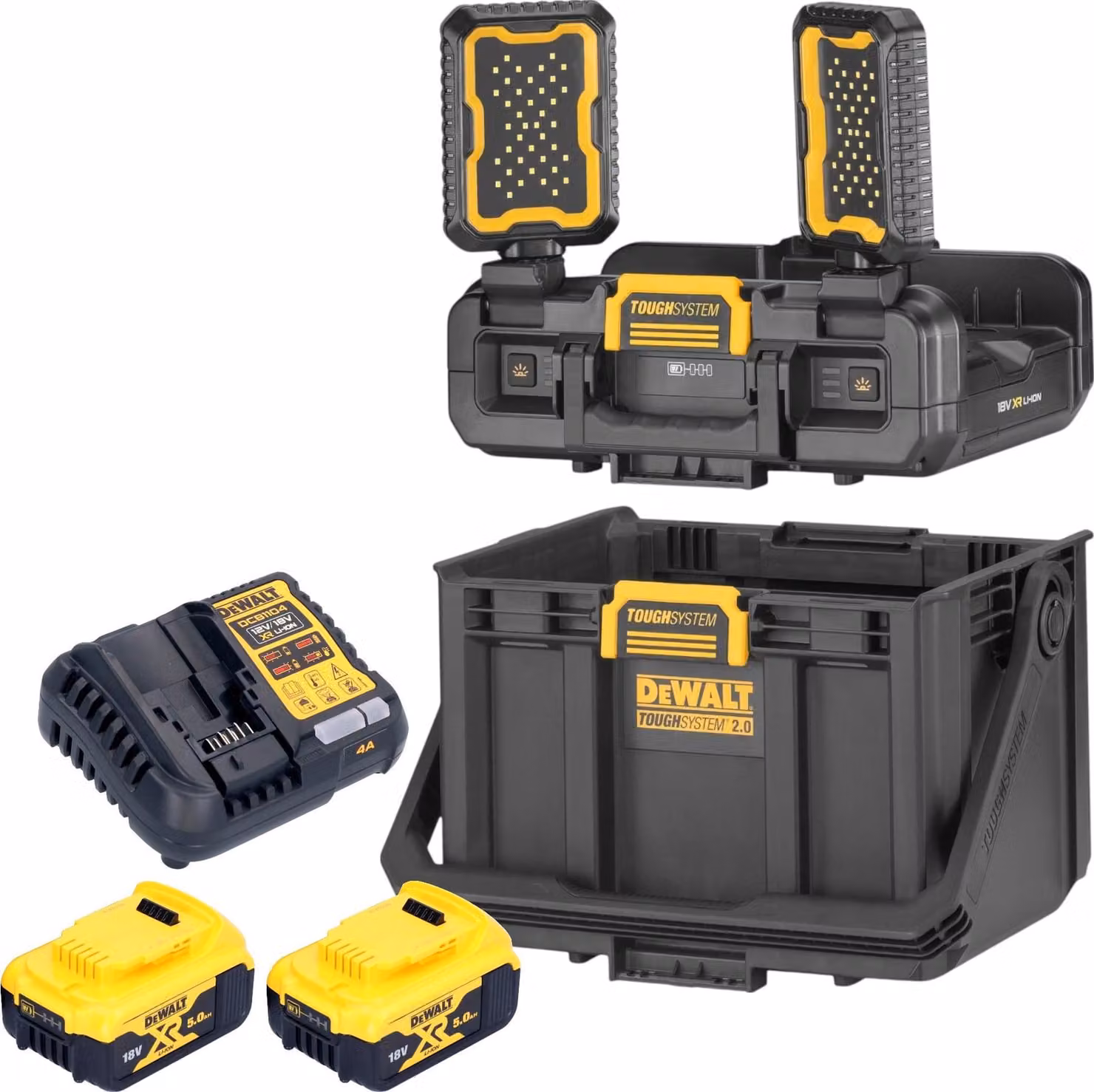 DeWalt DWST08061-1 Cassetta portautensili con luci integrate 395 x 352 x 255 mm ToughSystem 2.0 + 2x batteria ricaricabile 5,0 Ah + caricabatterie