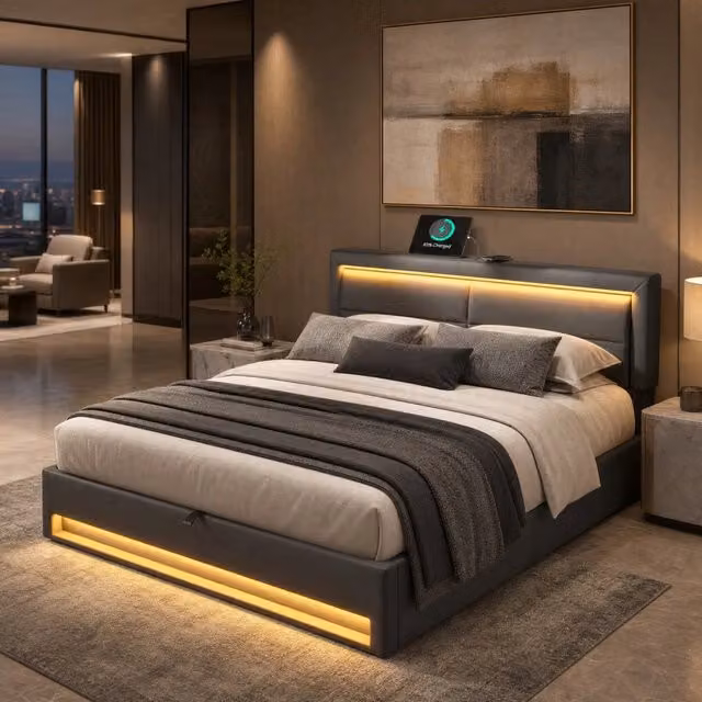 Letto contenitore Mivray con ricarica USB e LED, rivestito in ecopelle grigia, L/P: 140 x 200 cm