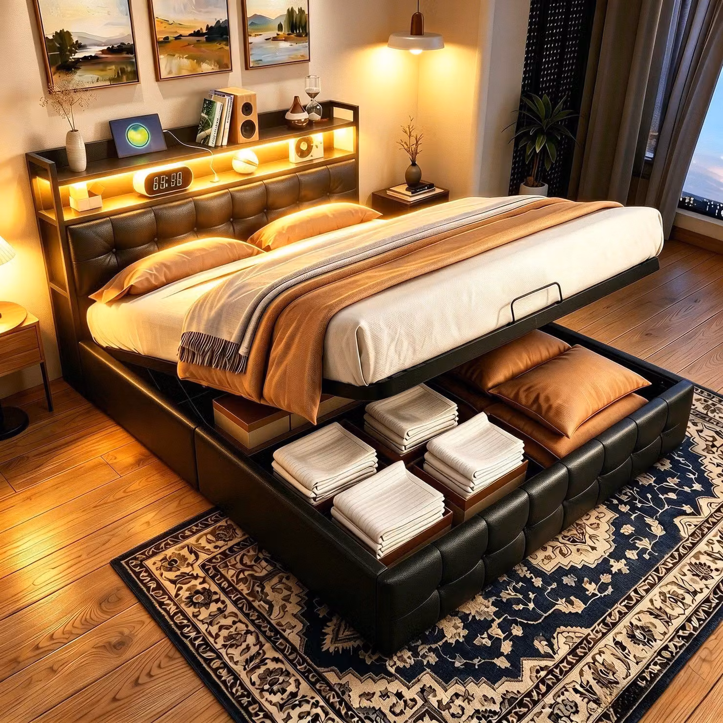 Letto Moonbite con contenitore, dimensioni 160x200 cm, rivestito in ecopelle grigia, con illuminazione LED, porta USB di tipo C, rete a molle con sistema di sollevamento a gas, capacità di carico fino a 300 kg