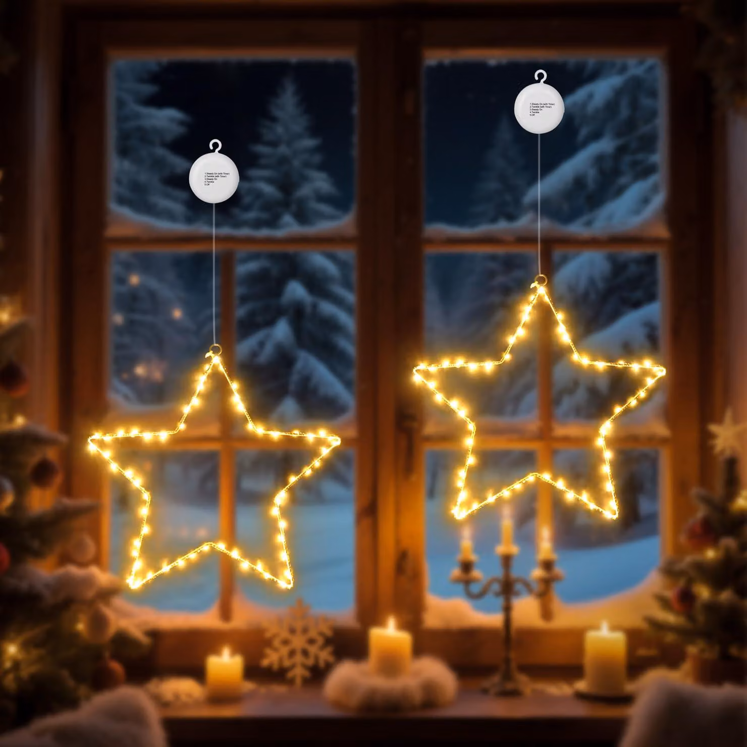 Set di 2 stelle a LED per decorazioni per finestre, 120 LED, luce bianco caldo, timer, 4 modalità