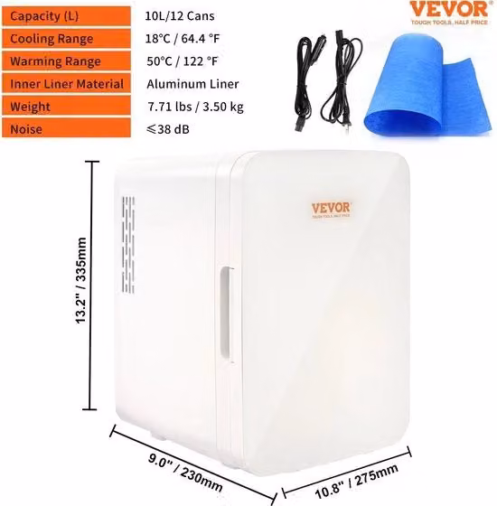 Mini Frigorifero Portatile - Frigorifero/Ventilatore, 2°C a 50°C - Indipendente - 10 Litri - 3 Ripiani - Frigorifero Compattibile - Pratico (portatile) - Struttura Bianca - 5 Supporti - Bianco - 12 Volt - Auto, Campeggio, Outdoor, Camera da Letto