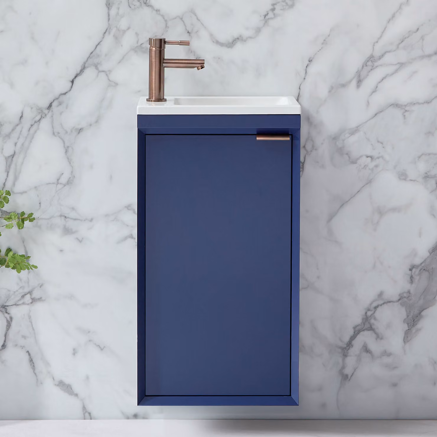 Mobile Bagno Sospeso Blu Marino 400mm con Lavabo e Maniglia con Impugnatura a Dito Bronzo Spazzolato - Edge