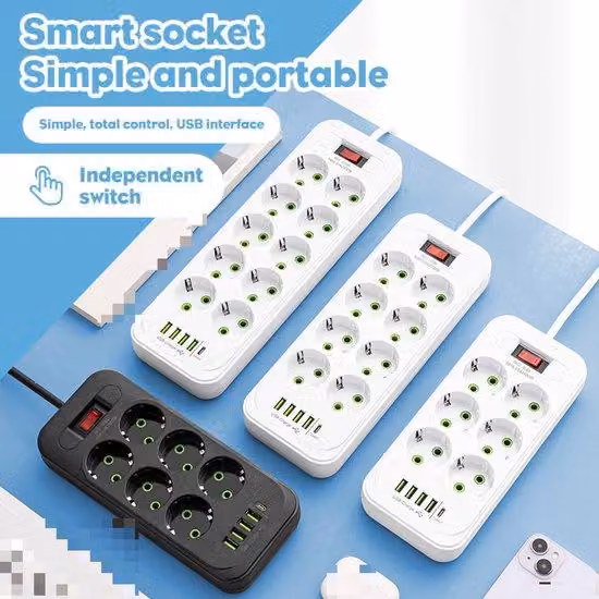 Set di prese a banda larga, USB, ciabatta, prolunga, 5 metri, nero