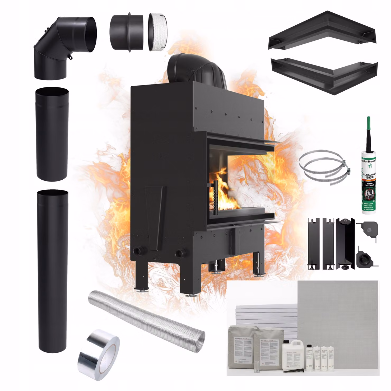 Camino KRATKI FLOKI L Right 12kW Ø200 Nero Set con presa d'aria